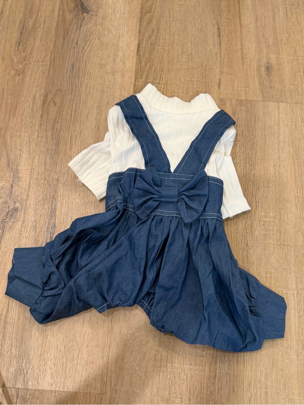V Pet B&R Denim Bow Dog Dress White Ribbed Top Pet Outfit Size XL New With Tags